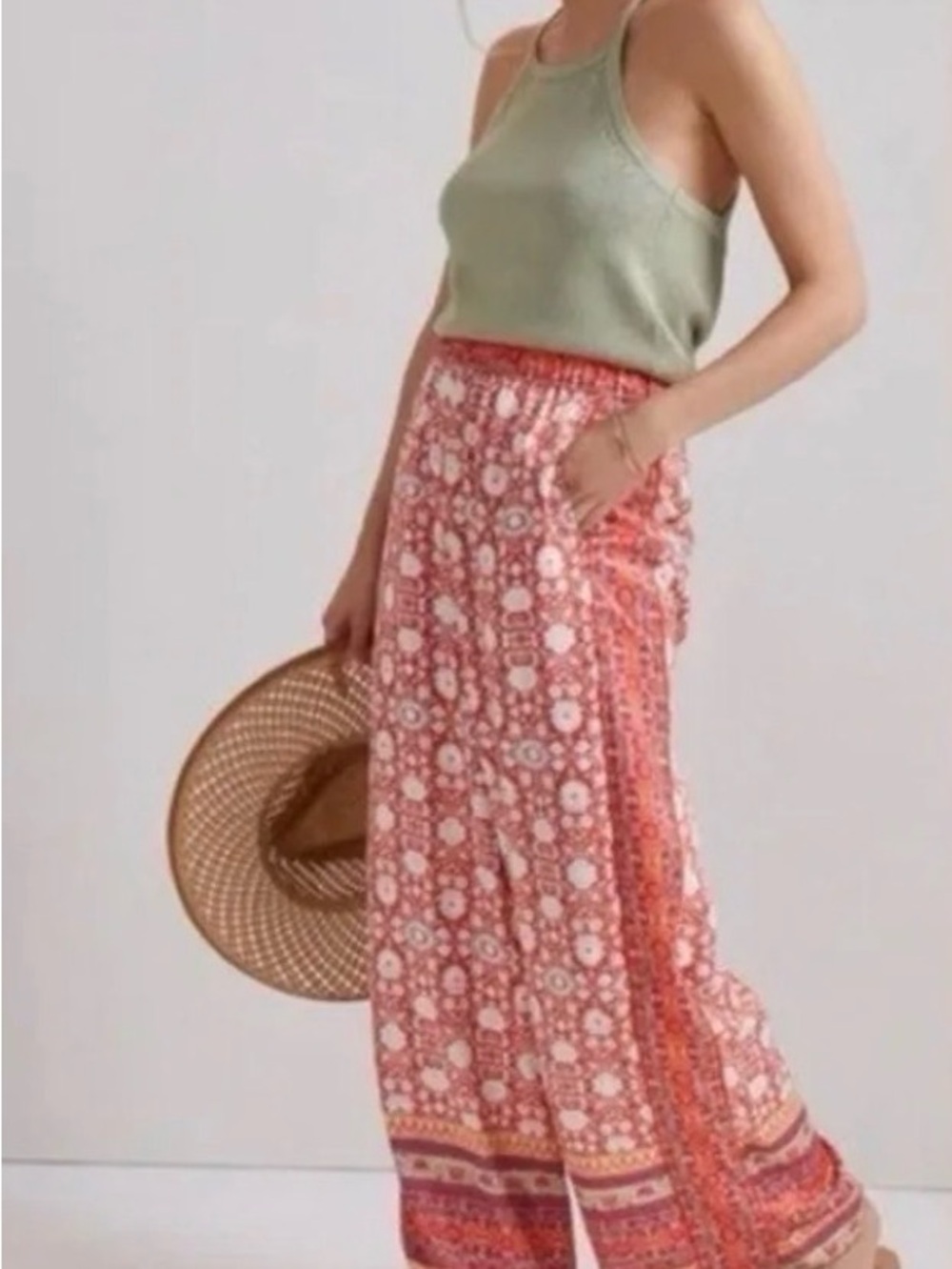 Philosophy Coral-White Floral Print Wide Leg Pants
